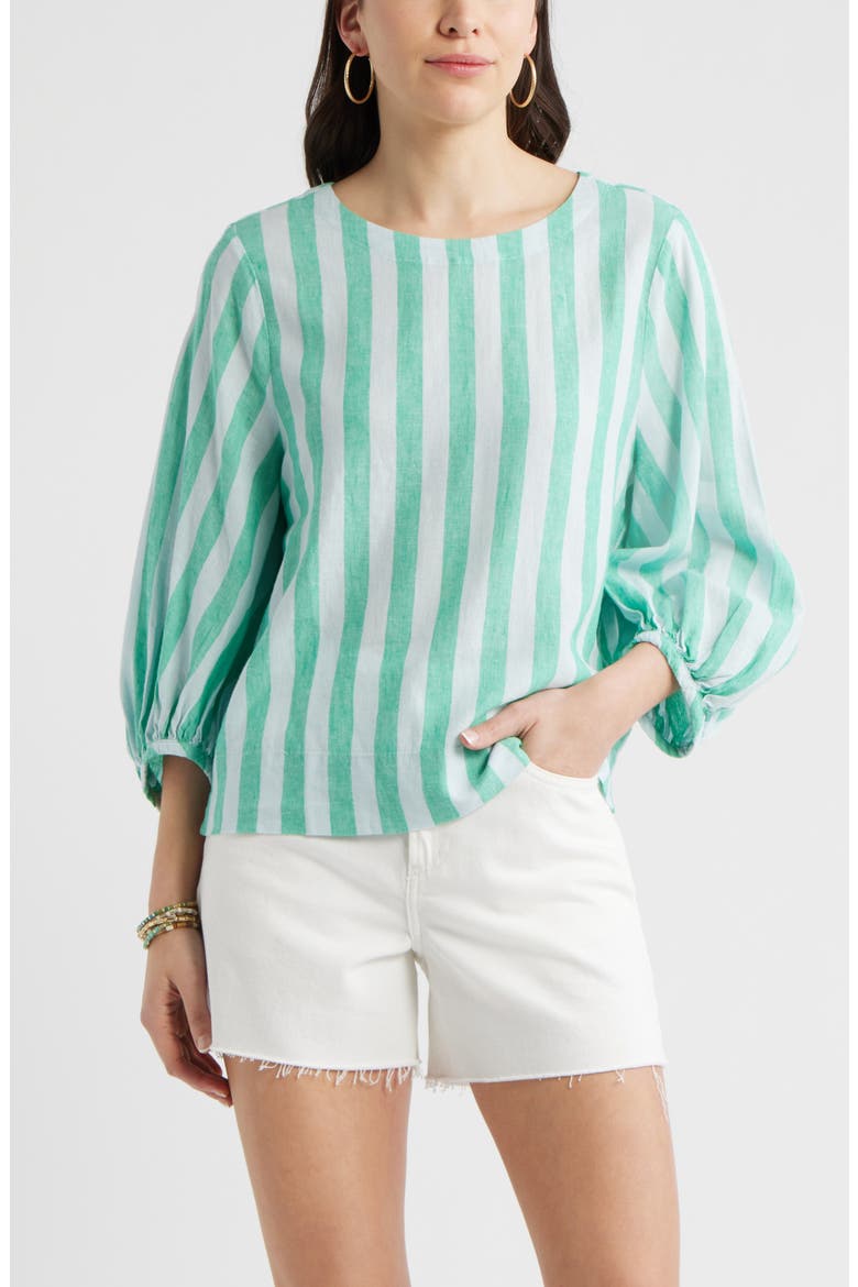 Balloon Sleeve Linen Blend Top, Main, color, BLUE- GREEN CABANA STRIPE