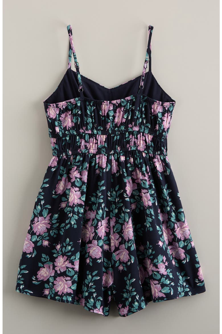 Kids' Bow Front Romper, Alternate, color, NAVY MEDIEVAL MULTI BOUQUET