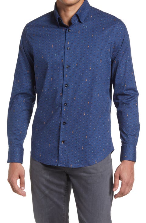 UFO Print Trim Fit Stretch Cotton Button-Up Shirt