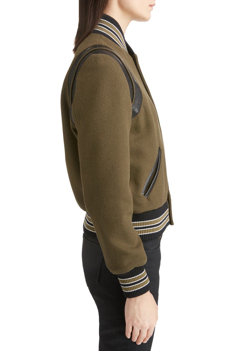 Leather Trim Classic Teddy Jacket, Alternate, color, KHAKI/ BLACK