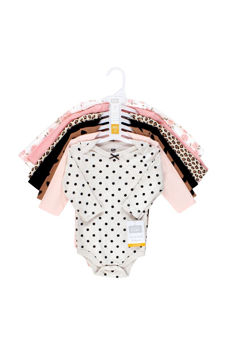 Hudson Baby Soft Cotton Long-Sleeve Bodysuits 7-Piece Value Pack, Alternate, color, Cinnamon Pink Prints 7-Pack
