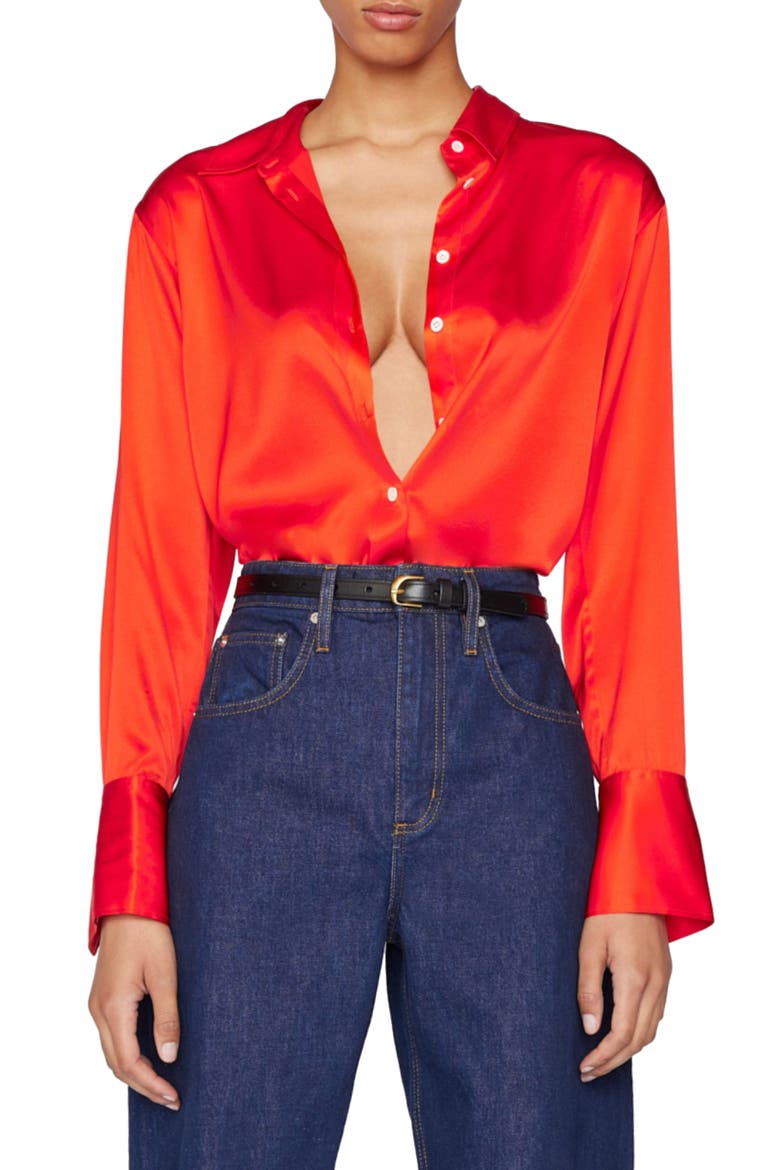 The Standard Women's Stretch Silk Button-Up Shirt, Main, color, BRIGHT RED