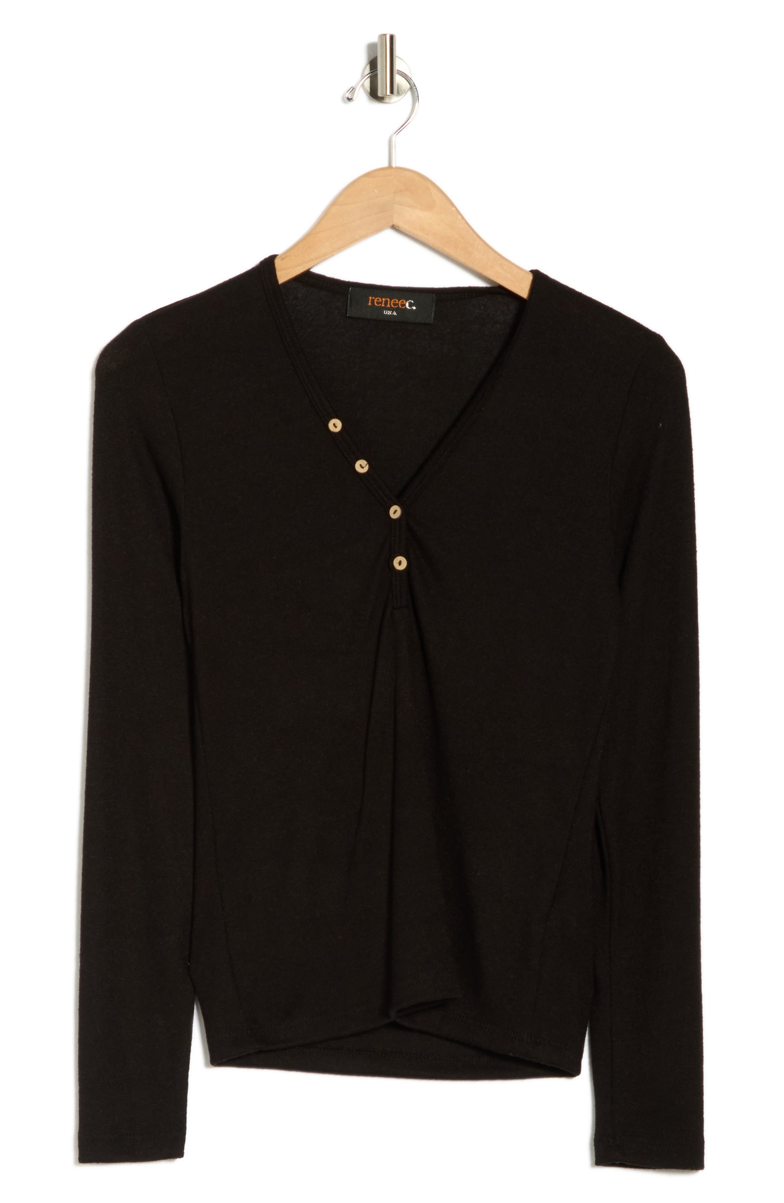 Renee C V-Neck Long Sleeve Crop Henley Top