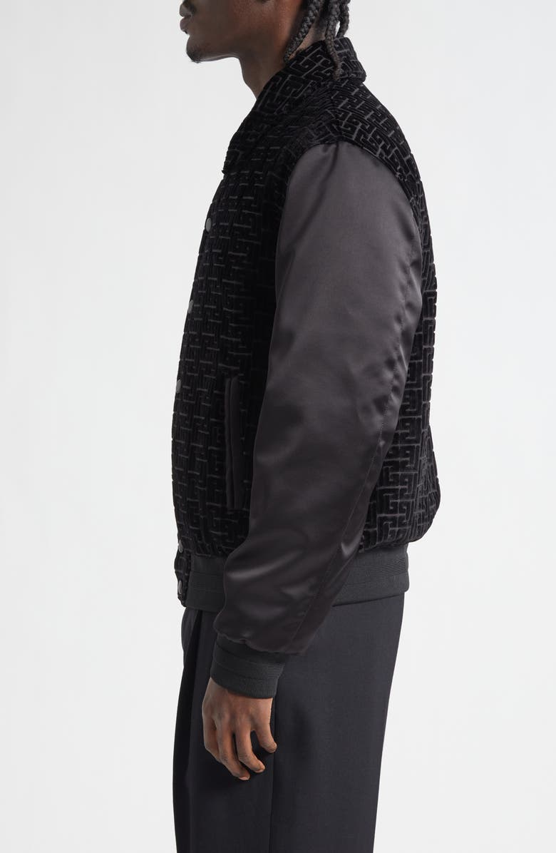 Balmain Monogram Velvet & Satin Bomber Jacket, Alternate, color, Eap Black/ Black