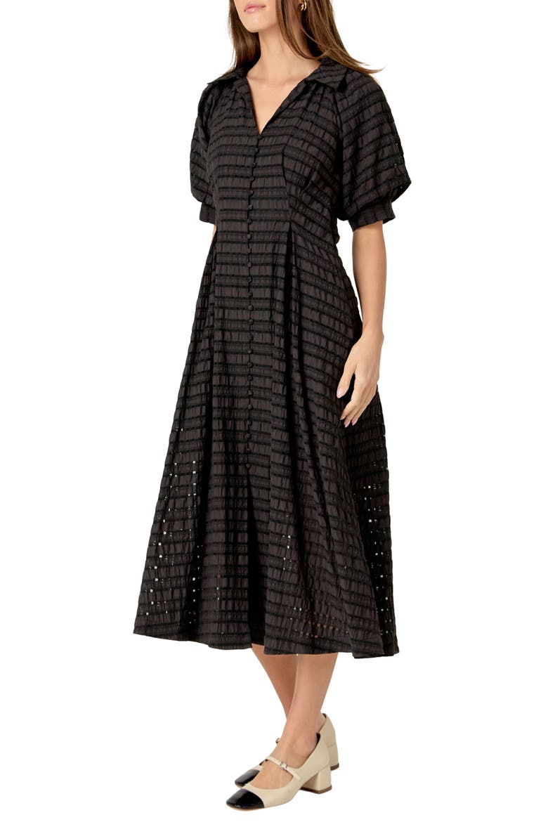 Seersucker Check Cotton Blend Midi Dress, Alternate, color, BLACK