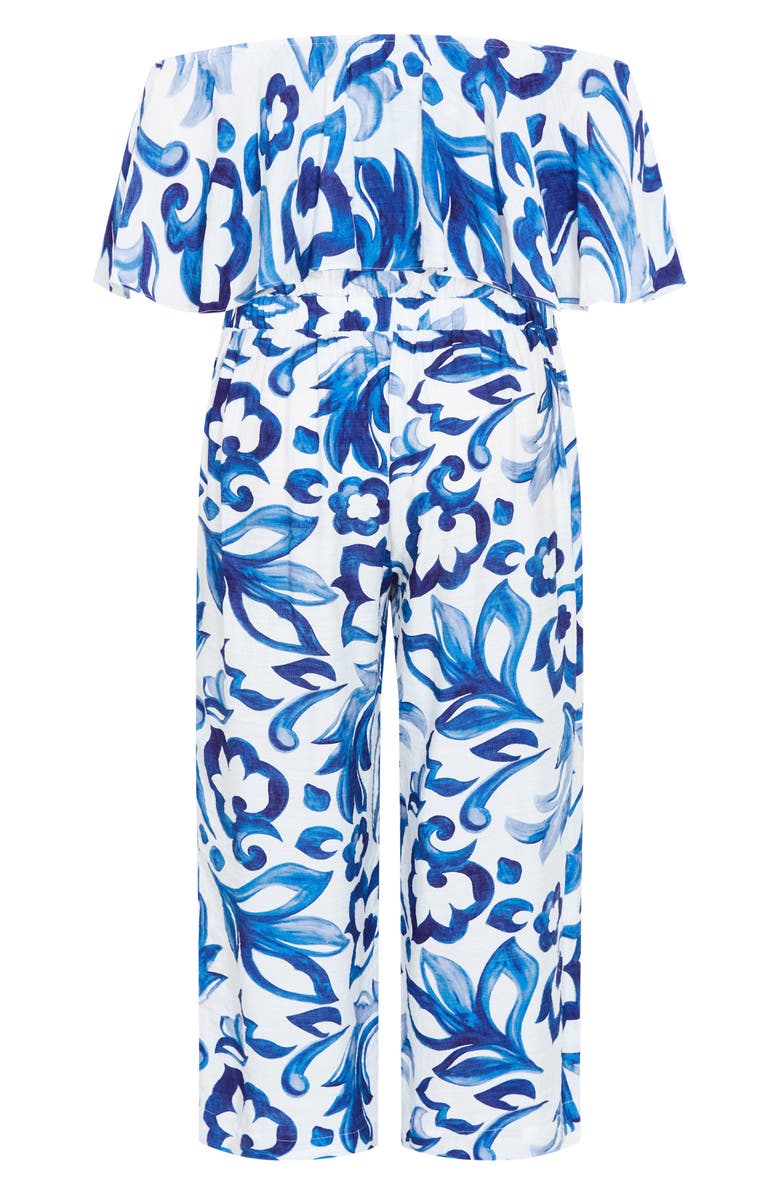 City Chic Off the Shoulder Floral Print Jumpsuit, Alternate, color, Mykonos