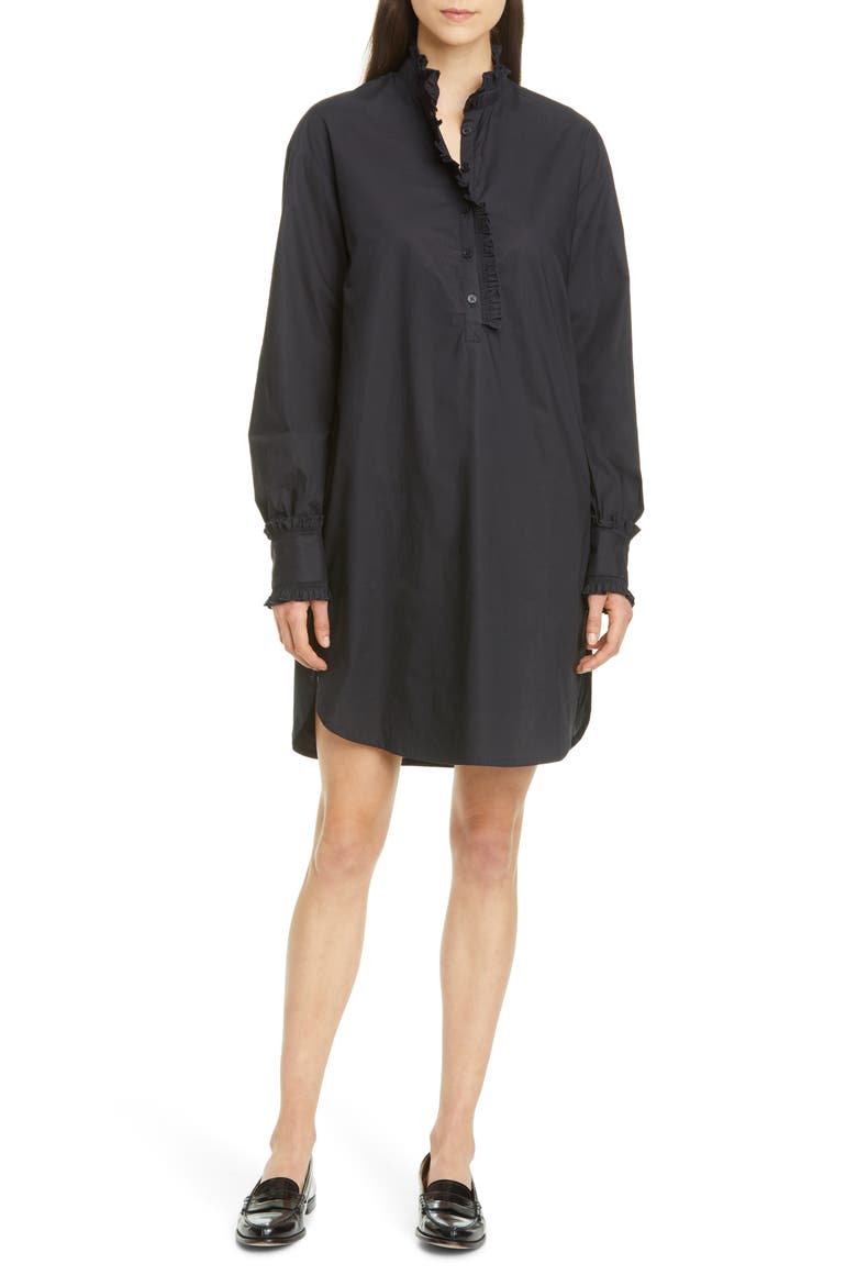 Lady Tunika Ruffle Long Sleeve Poplin Shirtdress, Main, color, NAVY