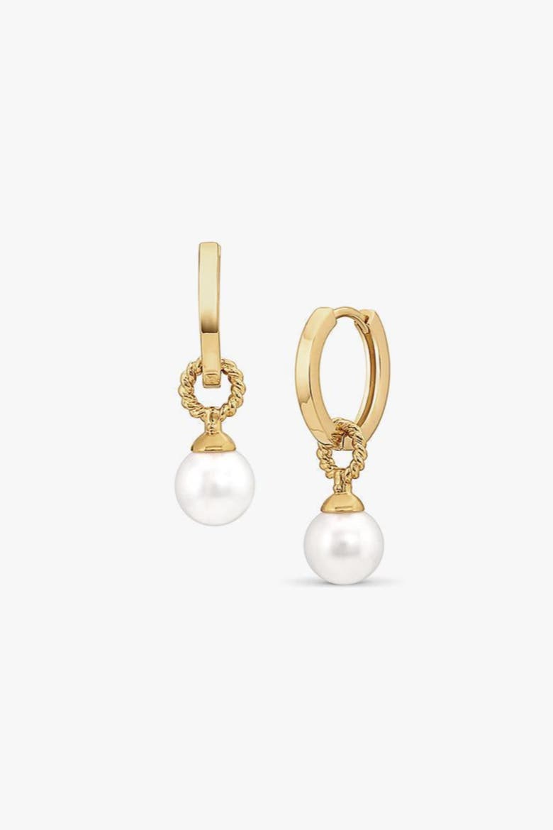 14k Gold Plated Marie Pearl Charm Huggies Daily Trendy Minimal, Main, color, Gold