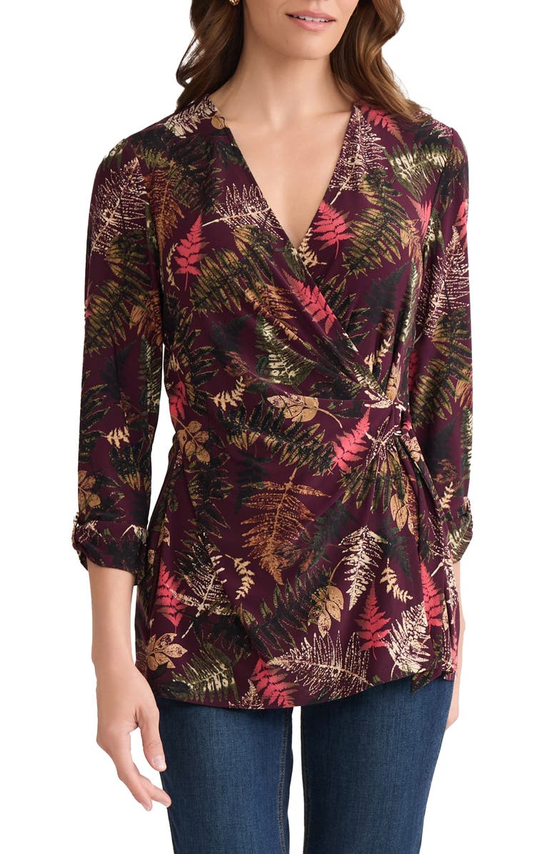 Jones New York Leaf Print Wrap Top, Main, color, Wine Plum Multi