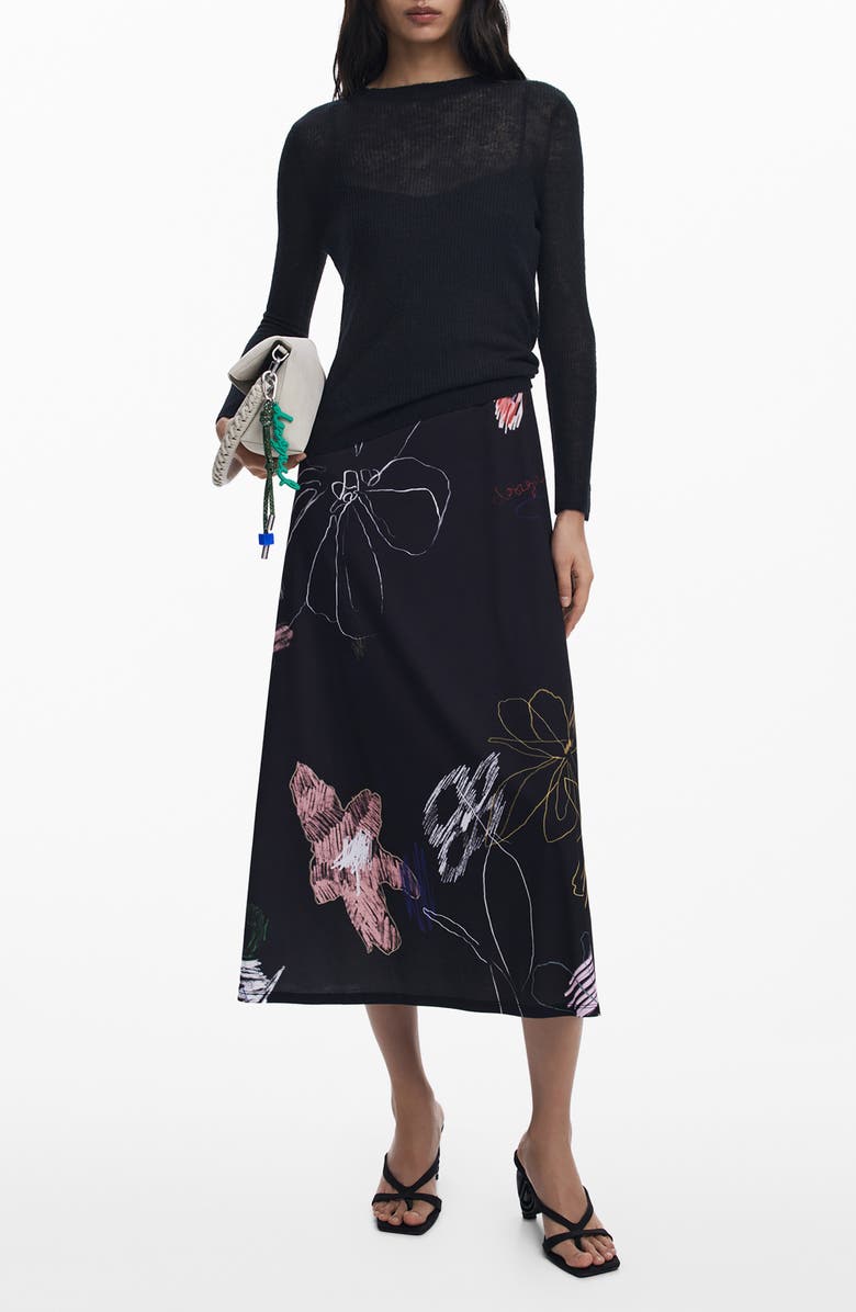 Desigual Mixed Media Long Sleeve Midi Dress, Main, color, Black