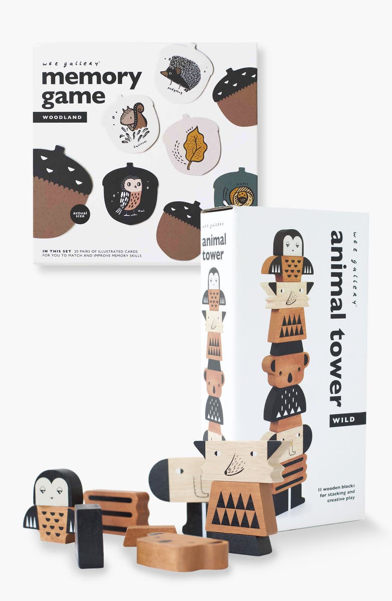 Wee Gallery Woodland Memory Game and Animal Building Tower Bundle, Main, color, Woodland