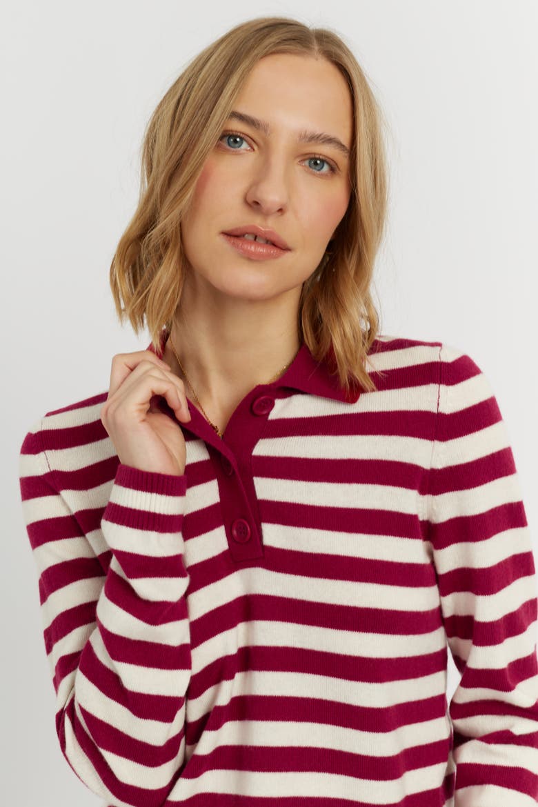 Wool-Cashmere Stripe Collared Sweater, Alternate, color, Cherry