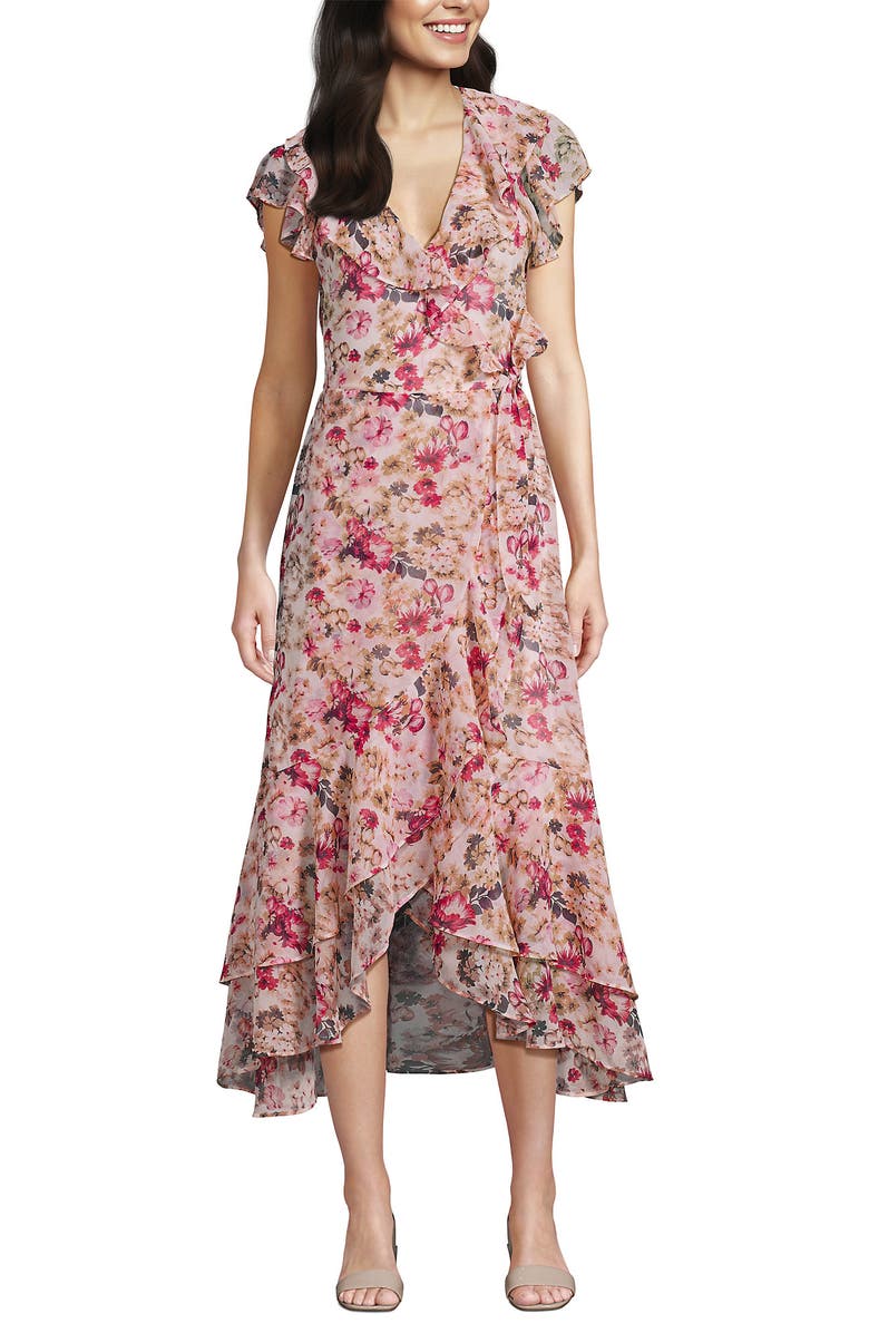 Lands' End Chiffon Flutter Sleeve V-Neck Wrap Maxi Dress, Alternate, color, Ivory/Soft Blush Blooms