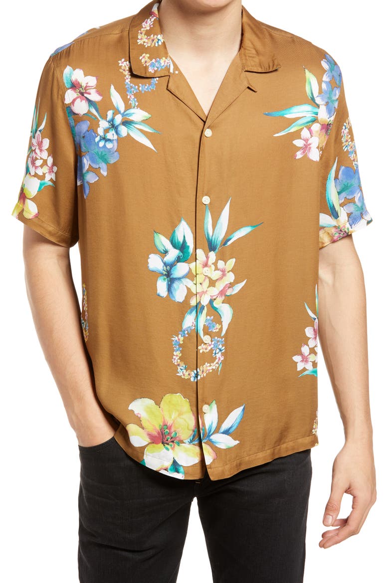 Hana Floral Short Sleeve Button-Up Camp Shirt, Main, color, SANTO BROWN