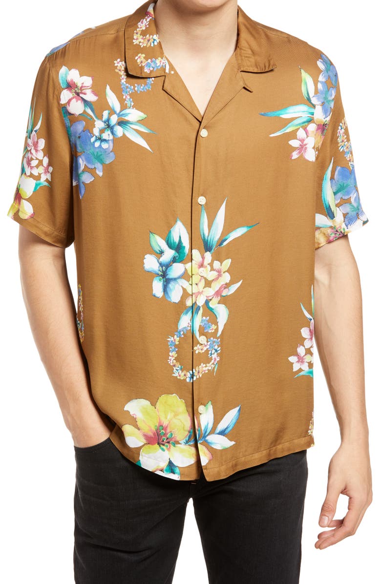 AllSaints Hana Floral Short Sleeve Button-Up Camp Shirt, Main, color, 