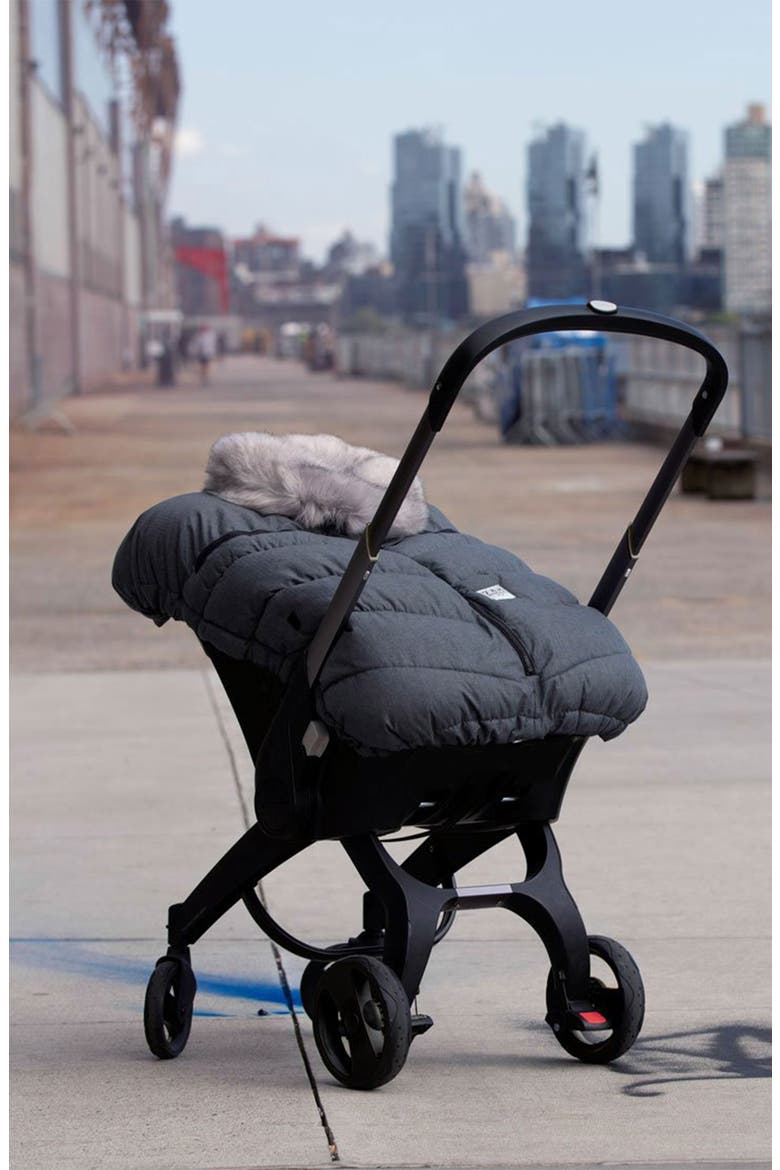 Water Repellent Faux Fur Trim Car Seat Cocoon, Alternate, color, DARK HEATHER GREY FAUX FUR