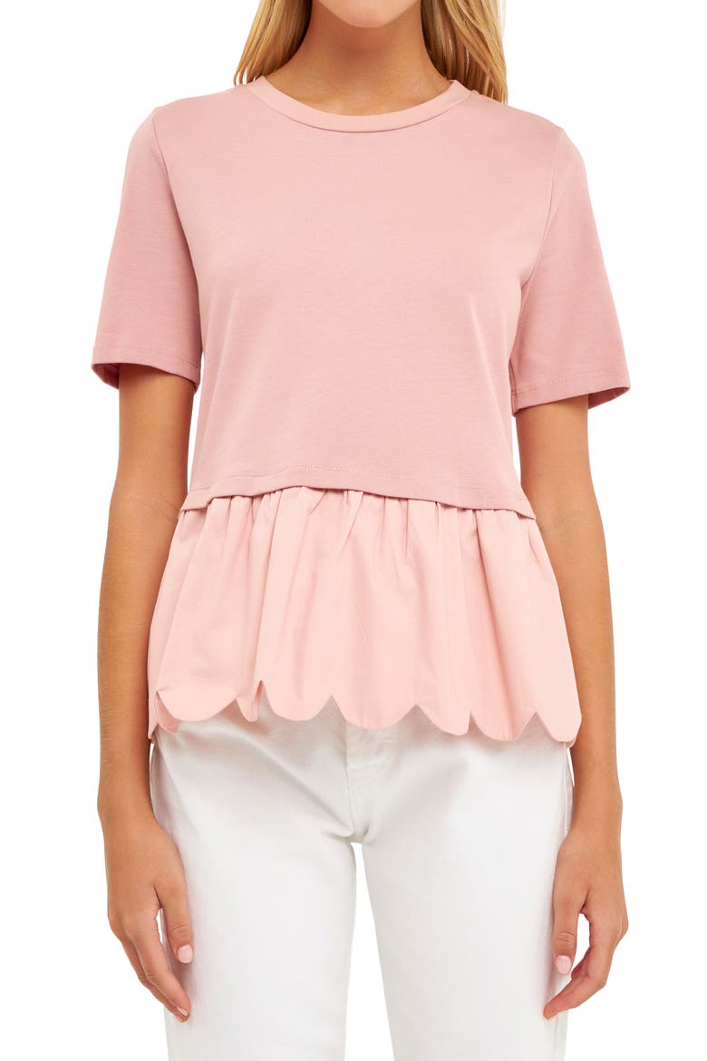 Mixed Media Scallop Peplum Cotton Top, Alternate, color, DUSTY PINK