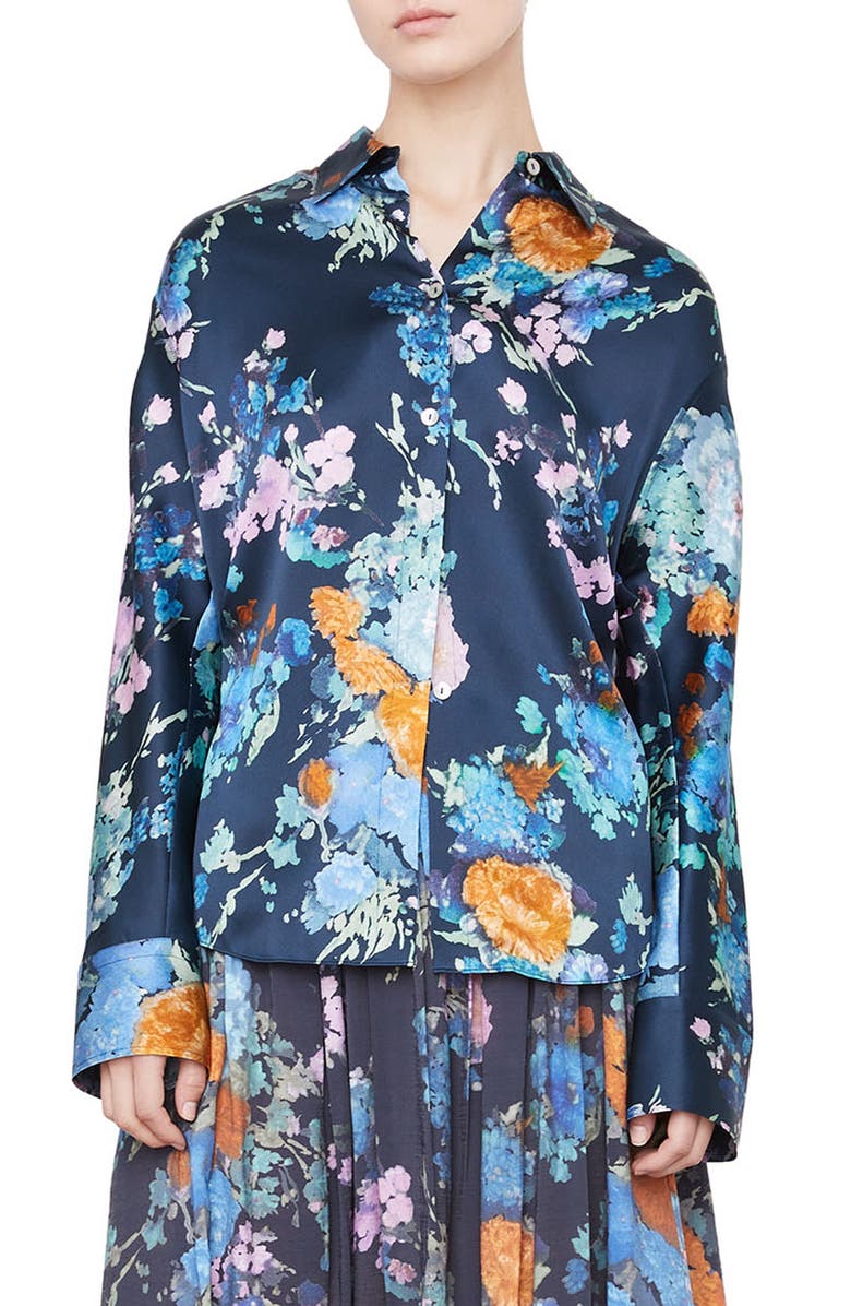 Vince Painted Bouquet Long Sleeve Silk Button-Up Shirt, Main, color, Coastal