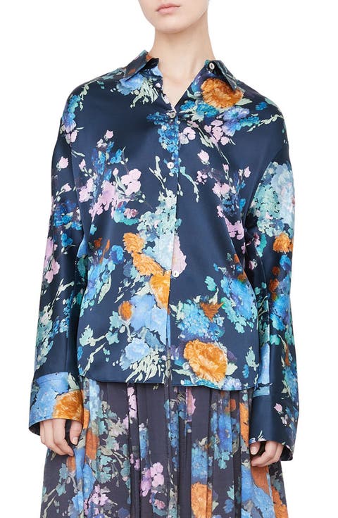 Painted Bouquet Long Sleeve Silk Button-Up Shirt