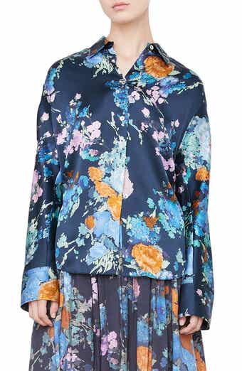 Vince Painted Bouquet Long Sleeve Silk Button-Up Shirt