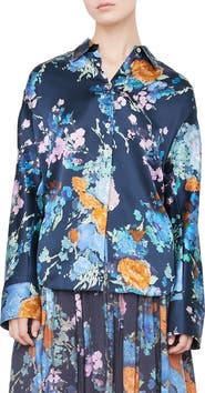 Vince Painted Bouquet Long Sleeve Silk Button-Up Shirt