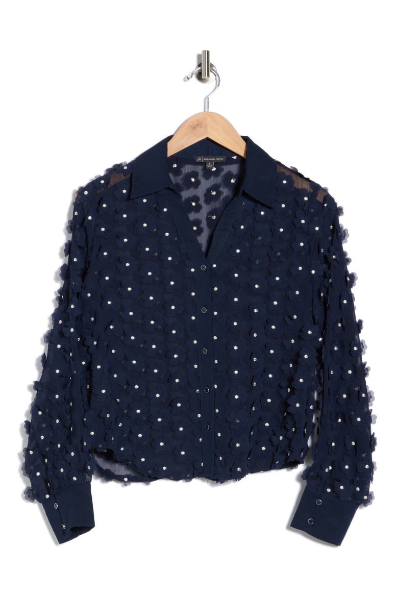 3D Floral Appliqué Long Sleeve Top, Alternate, color, BLUE MOON