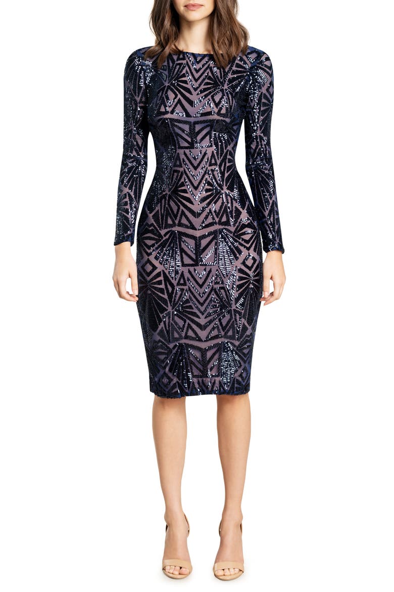 Emery Long Sleeve Sequin Cocktail Dress, Alternate, color, NAVY
