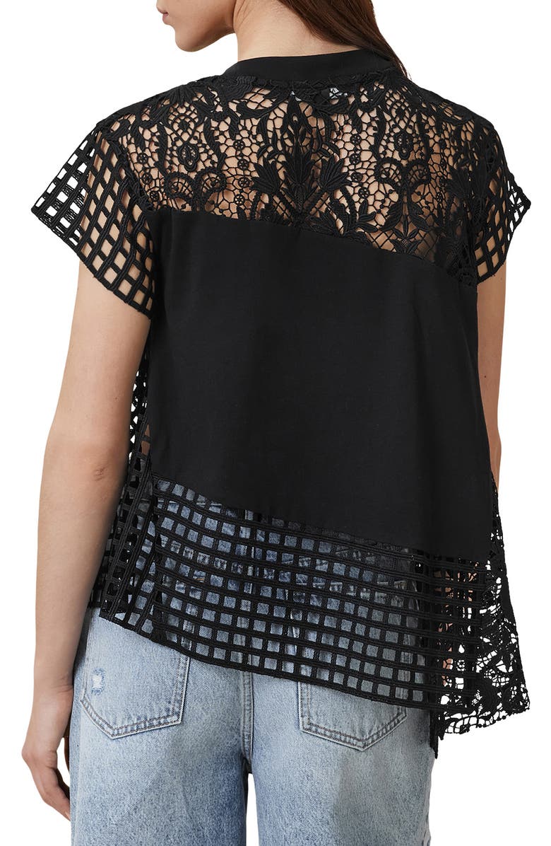 AllSaints Zala Lace Panel Asymmetric Top, Alternate, color, Black