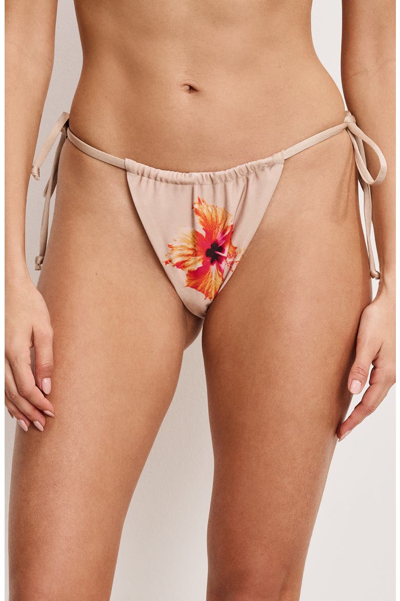 Satin Tiny Ties Bikini Bottoms, Main, color, CHAMPAGNE TROPICAL HIBISCUS001