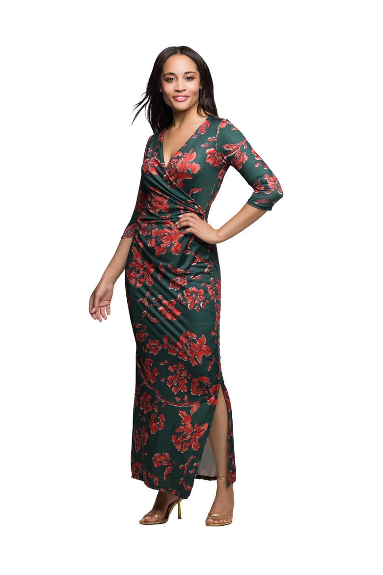 Floral Print Three Quarter Sleeve Side Slit Maxi Dress, Alternate, color, Orange Multi