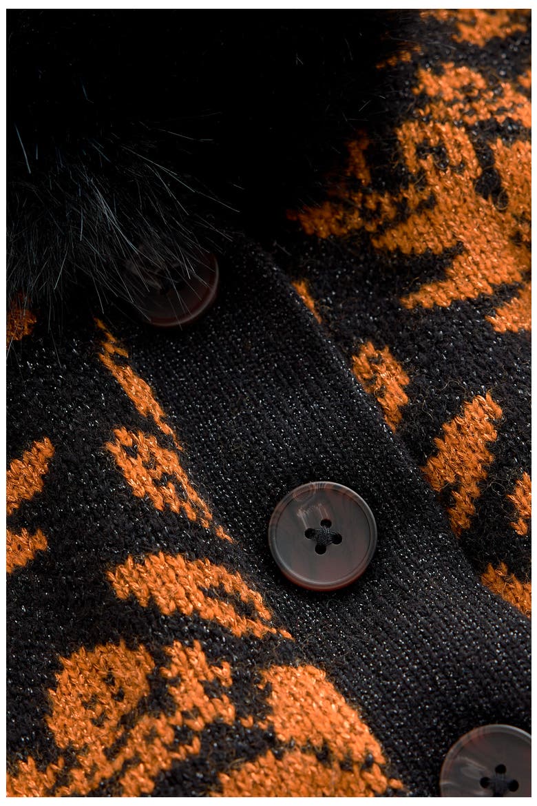 Faux Fur Collar Belted Cardigan, Alternate, color, METALLIC BLACK GOLD JACQUARD