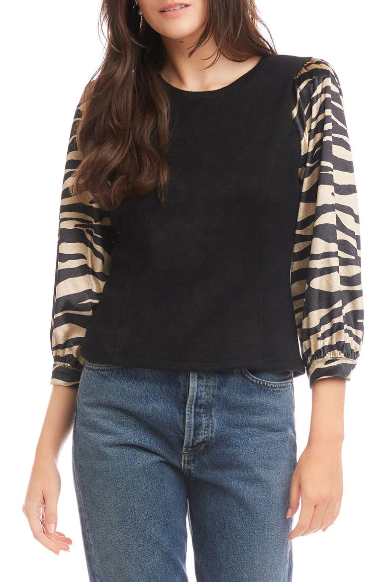 Lory Print Sleeve Velvet Top, Main, color, BLACK