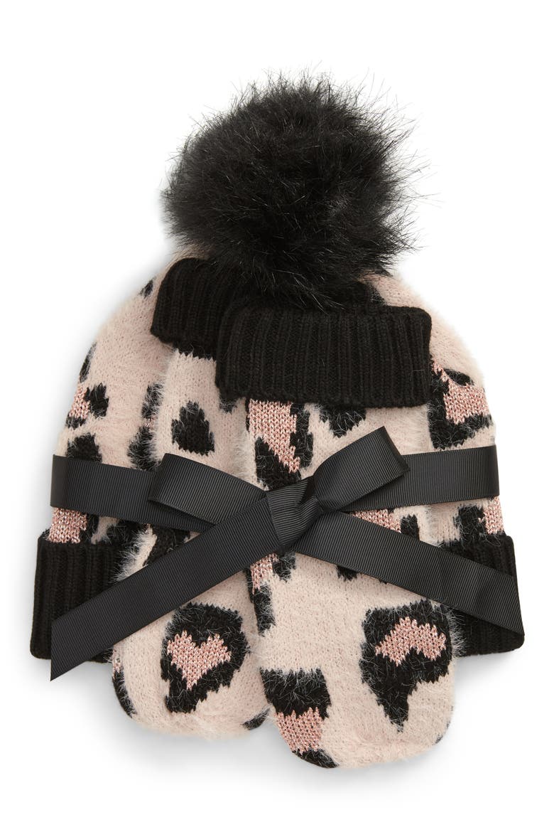 Leopard Embellished Pompom Beanie & Mittens Set, Alternate, color, BLACK COMBO