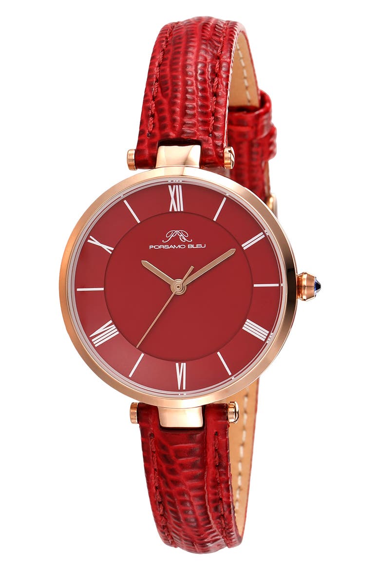 Bellevue Leather Strap Watch, 32mm, Main, color, BORDEAU ROSE TONE
