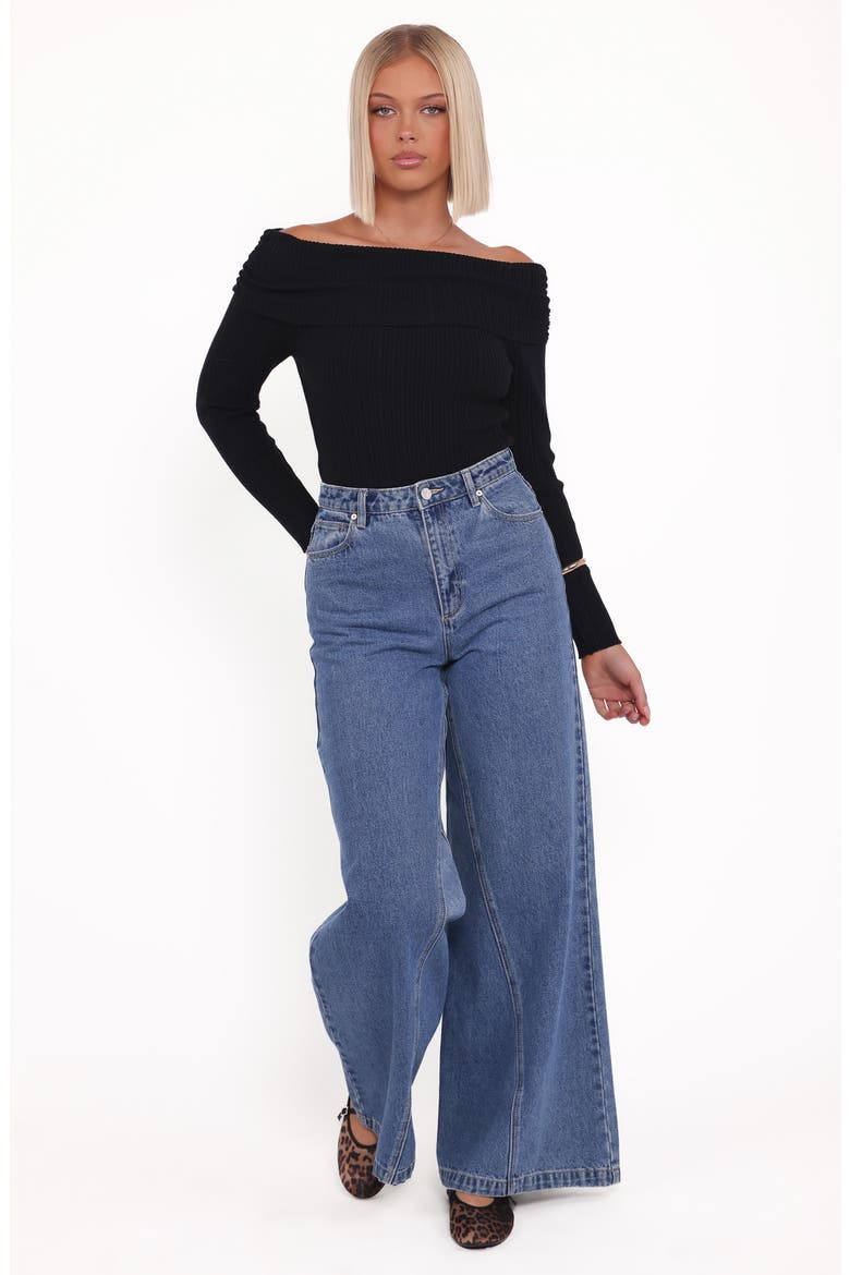 Junia Tie Back Off the Shoulder Rib Top, Alternate, color, BLACK