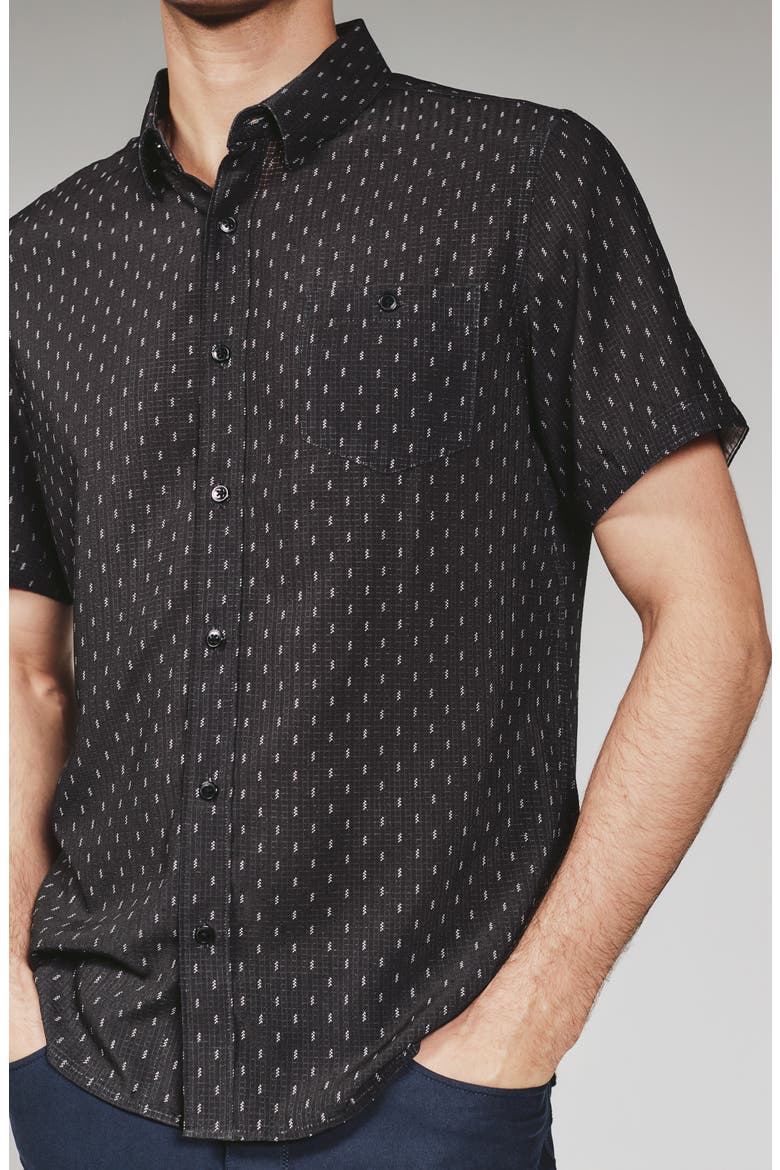 Renzo Textured Geo Pattern Short Sleeve Stretch Button-Up Shirt, Alternate, color, BLACK