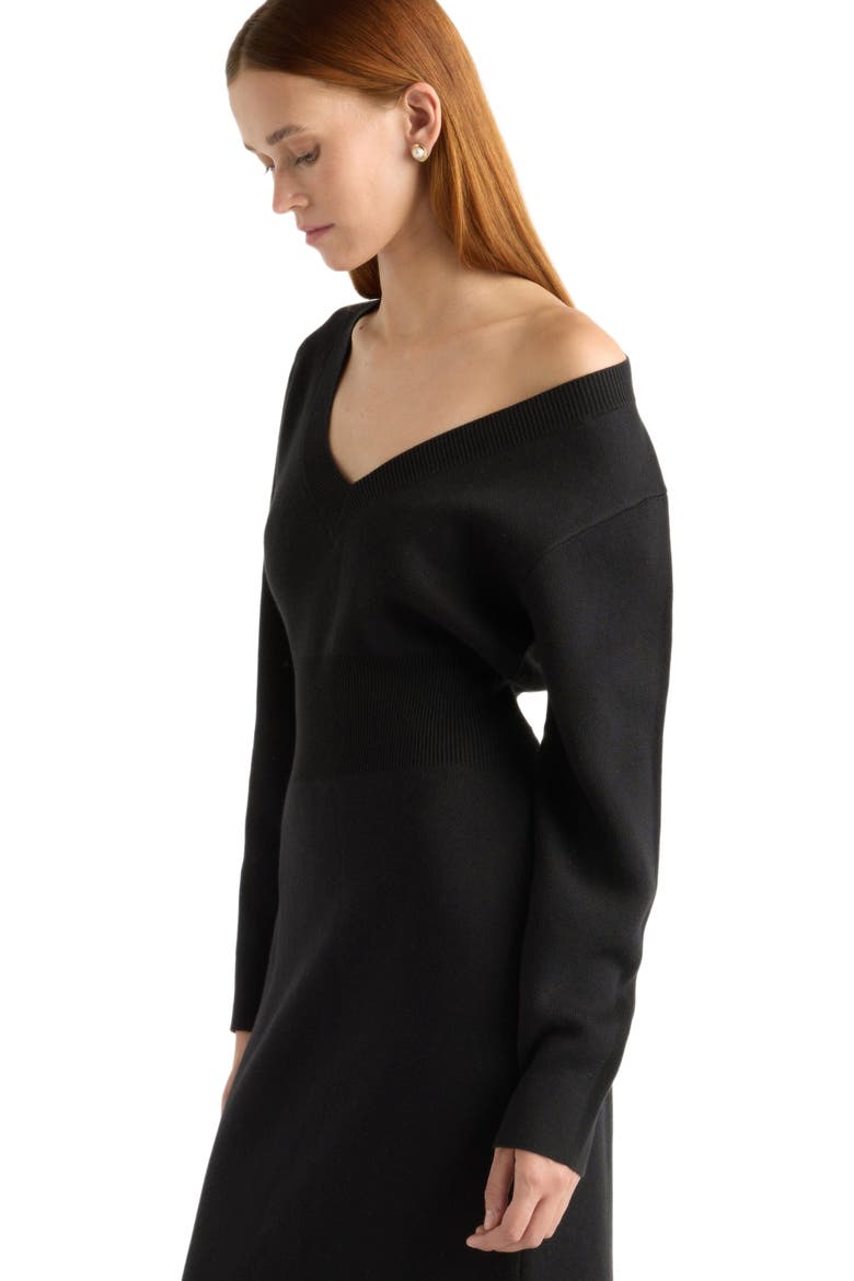 v neck off the shoulder sweater dress SHEIN Apricot Elegant V-Neck Knit Sweater Dresses Long Sleeve Fall Winter Jumper Women's Slim Fit High Waist Pencil Midi Bodycon Ribbed Form,S