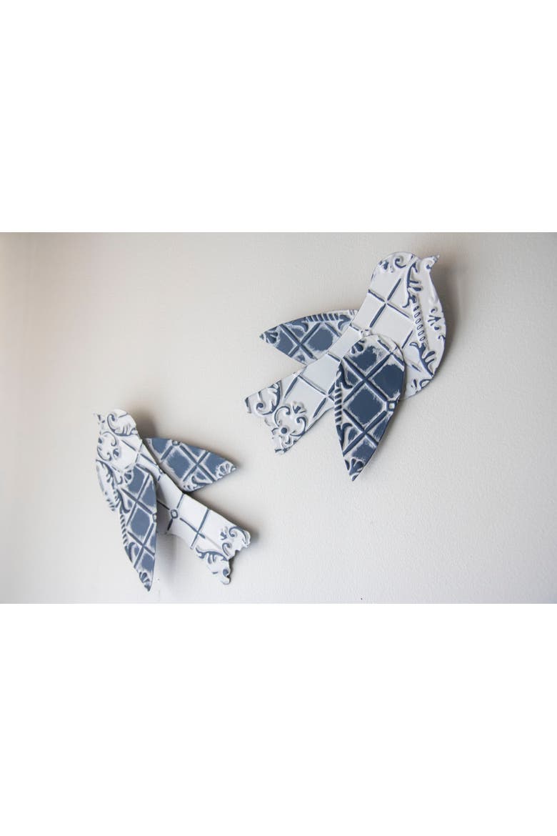 Set of 2 Brushed White Bird Cottage Tin Tile Metal Wall Décor, Alternate, color, Blue