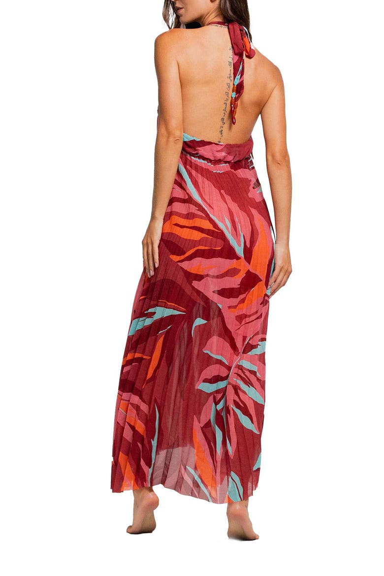 Pleated Halter Cover-Up Maxi Dress, Alternate, color, RED MULTI
