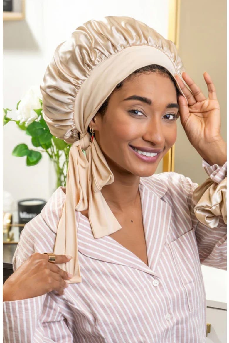 Bow Mulberry Silk Bonnet, Alternate, color, CHAMPAGNE