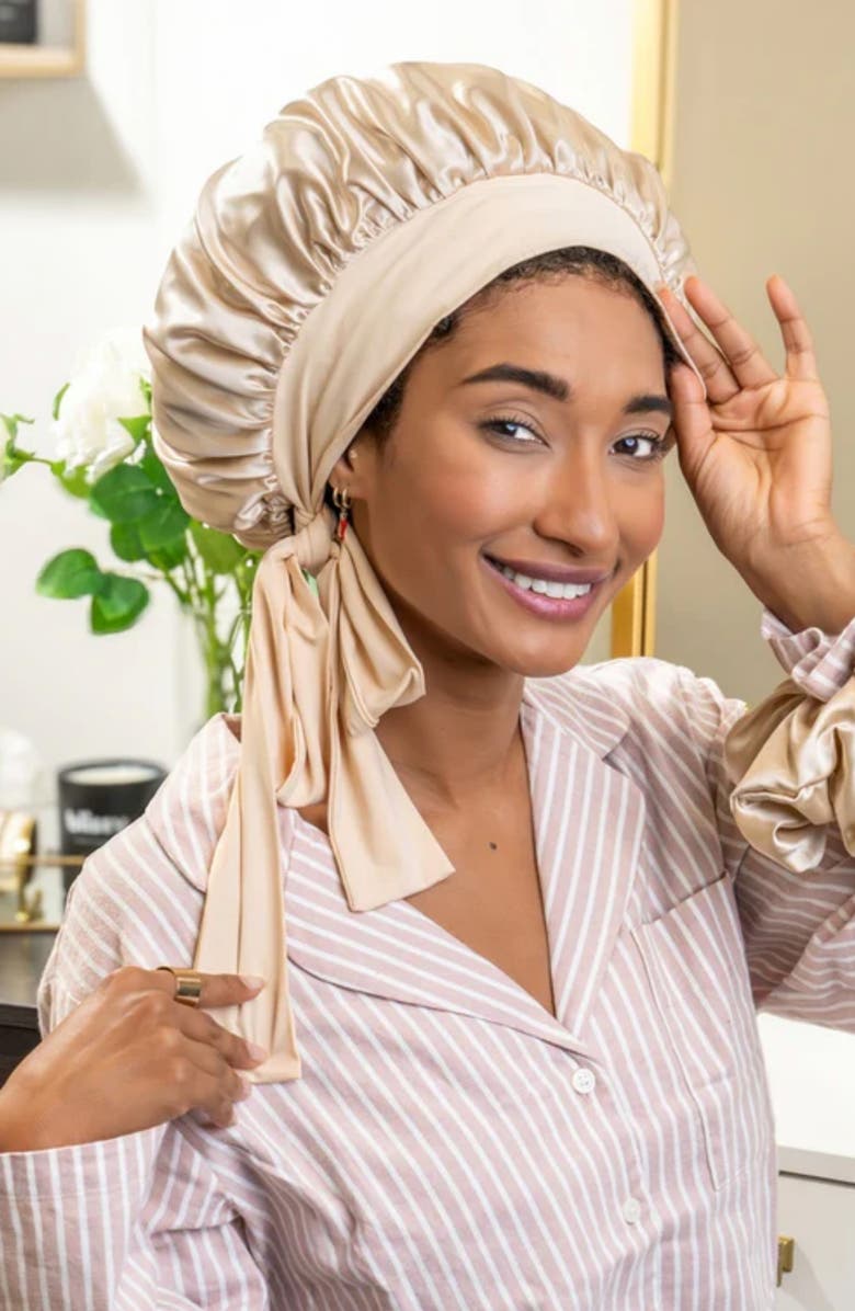 BLISSY Bow Mulberry Silk Bonnet, Alternate, color, Champagne