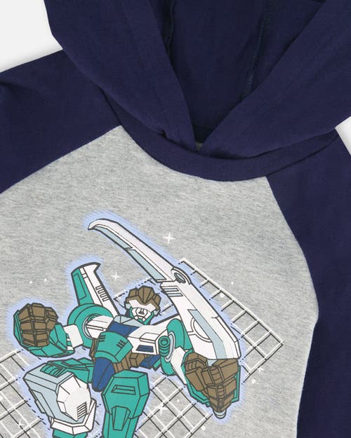 Deux Par Deux Organic Cotton Jersey Hooded Raglan Sleeve Tee In Blue