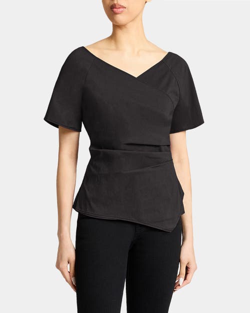 Santorelli Murphy Short Sleeve Wrap Top With Asymmetric Tucked Closure In Stretch Cotton Blend