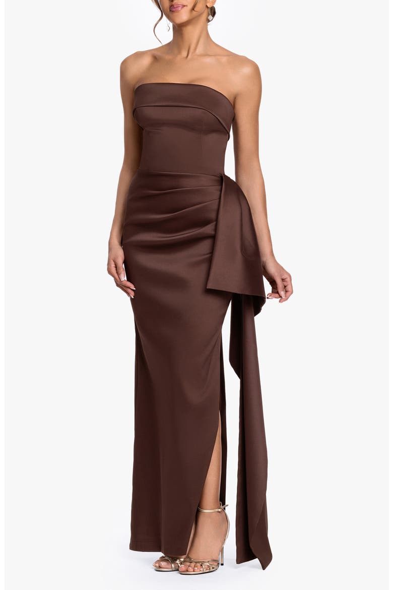 Ruffle Strapless Mikado Column Gown, Alternate, color, CHOCOLATE