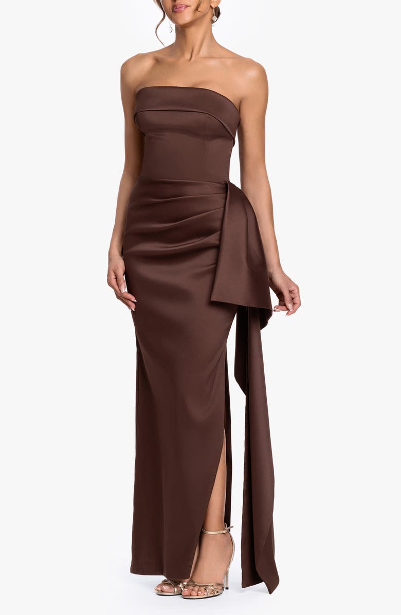 Xscape Evenings Ruffle Strapless Mikado Column Gown, Alternate, color, Chocolate