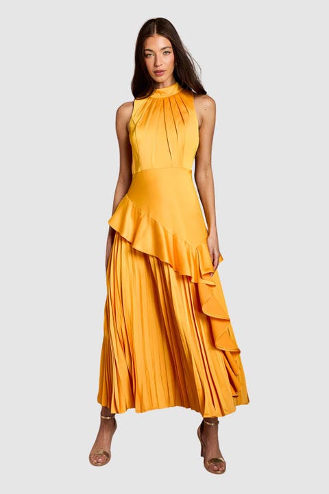 Satin Crepe High-Neck Pleated Maxi Dress