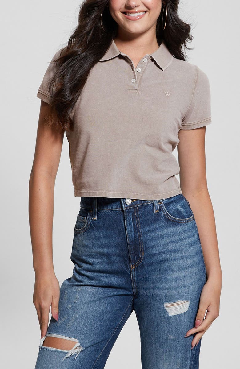 GUESS Logo Embroidered Crop Piqué Polo, Main, color, 