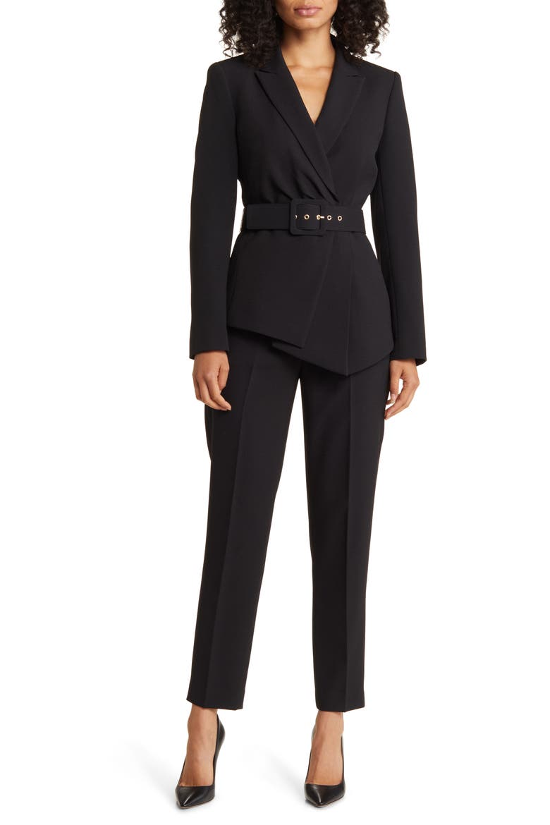 Peak Lapel Belted Blazer & Pants Set, Main, color, BLACK