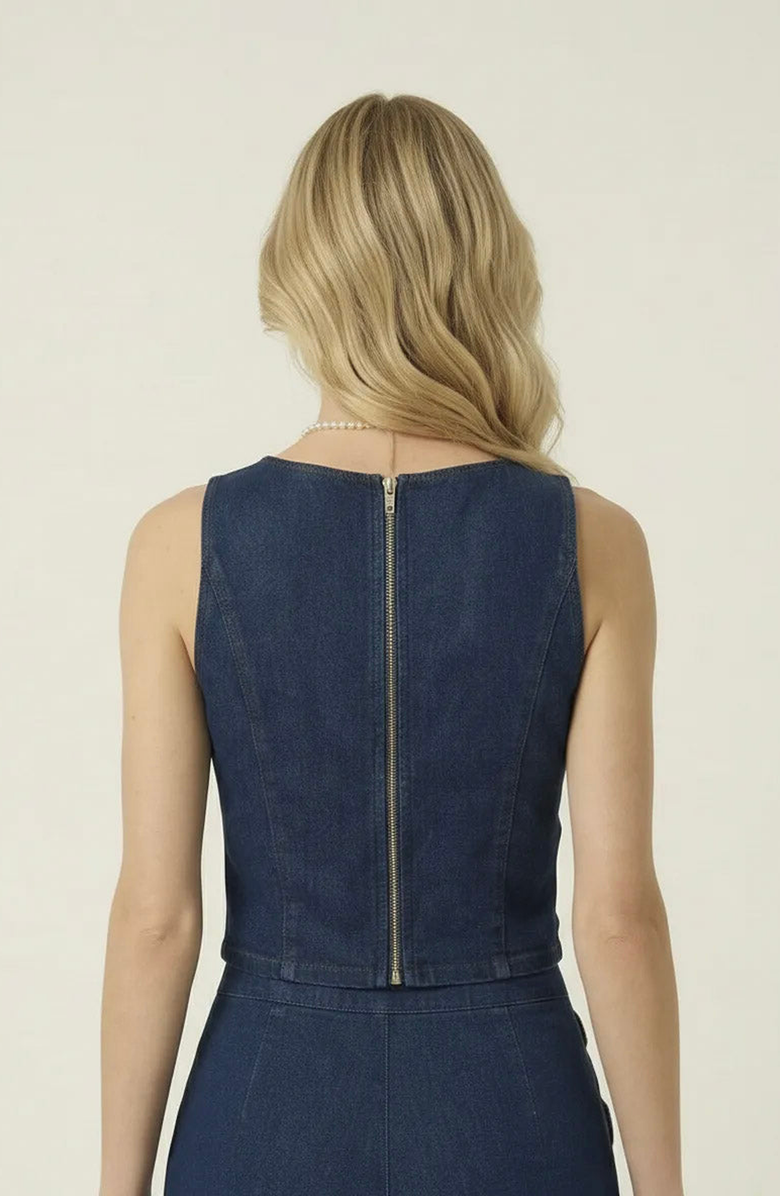 Modenaire Denim Vest and Wide Leg Pants Set, Alternate, color, Dark Indigo Blue