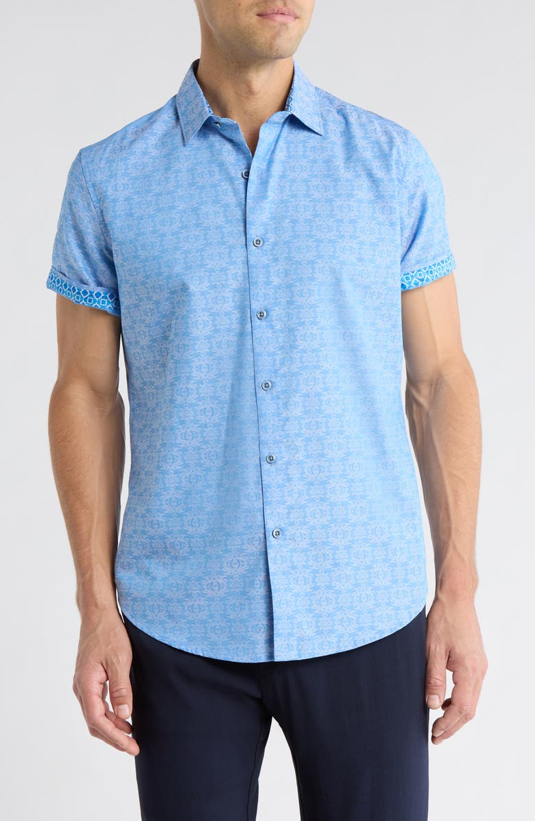 Robert Graham Short Sleeve Woven Button-Up Shirt, Main, color, Light Blue